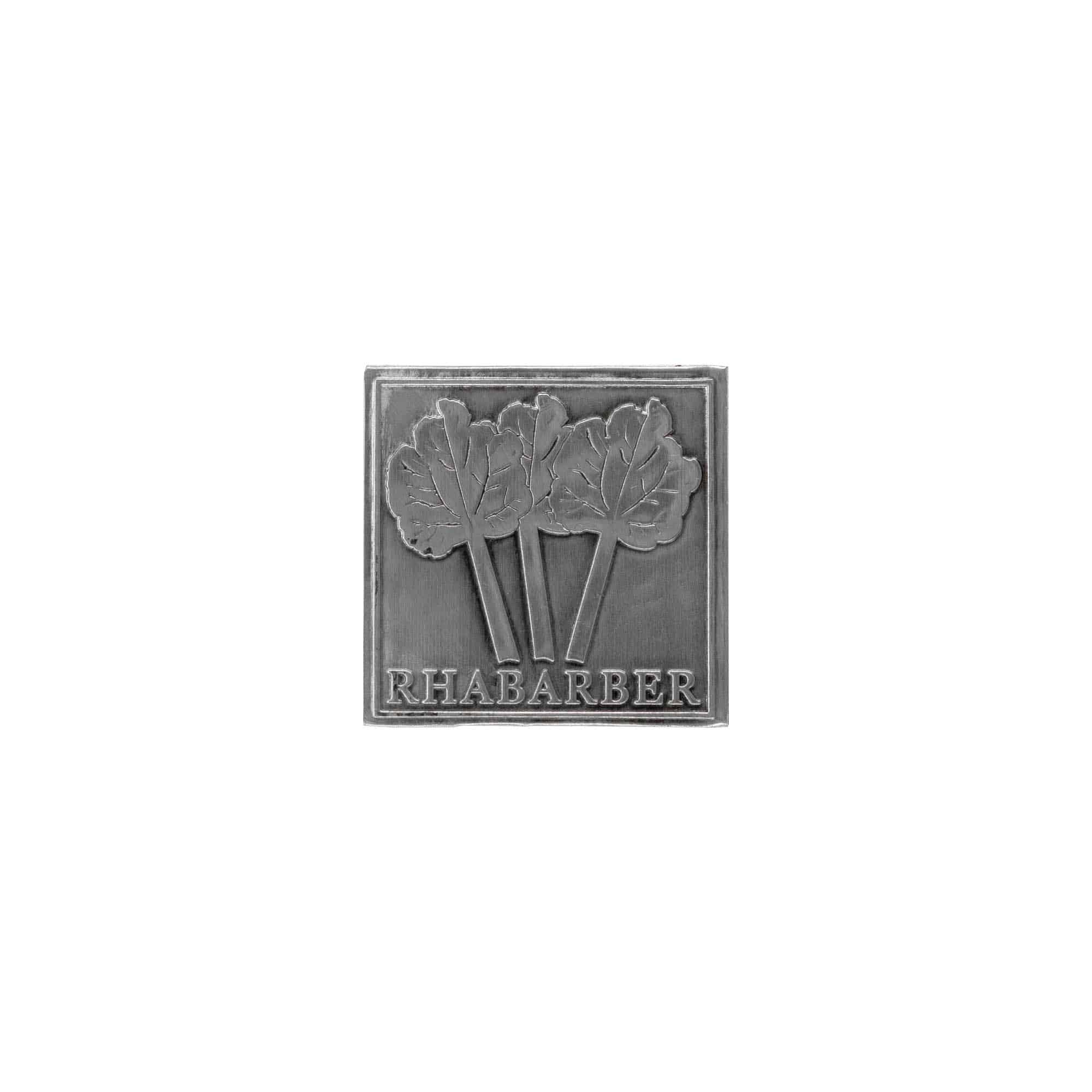 Cínový štítek 'Rebarbora', čtvercový, kov, stříbrný