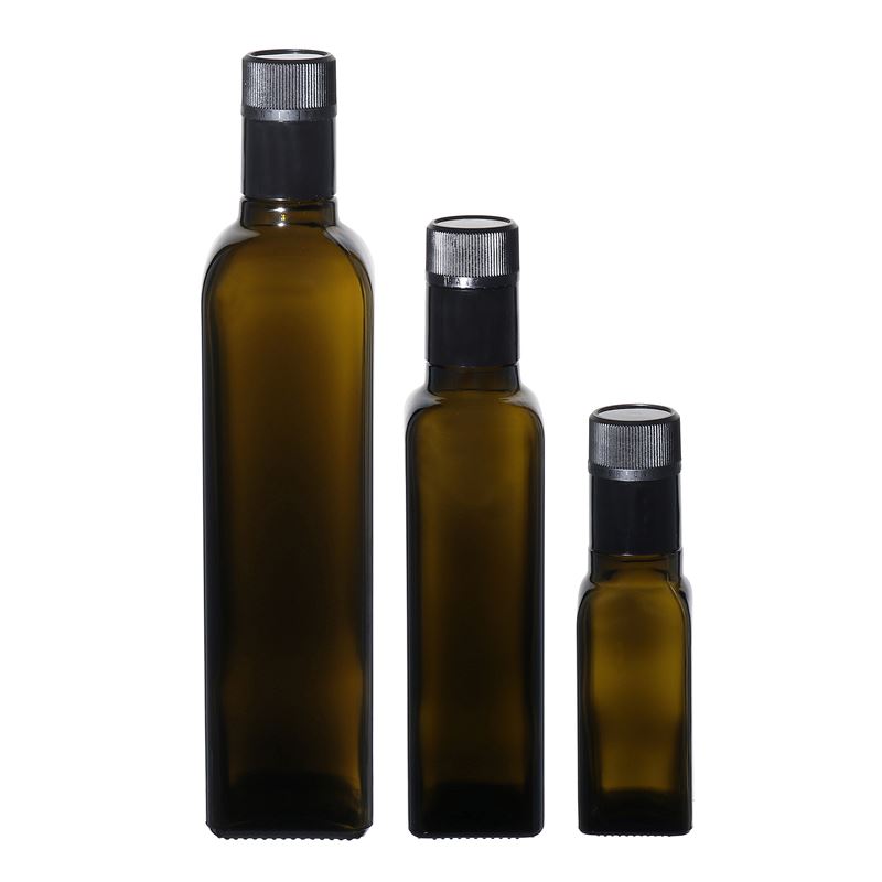 Lahev na ocet/olej 100 ml 'Quadra', sklo, čtvercová, starožitná zelená, ústí: DOP
