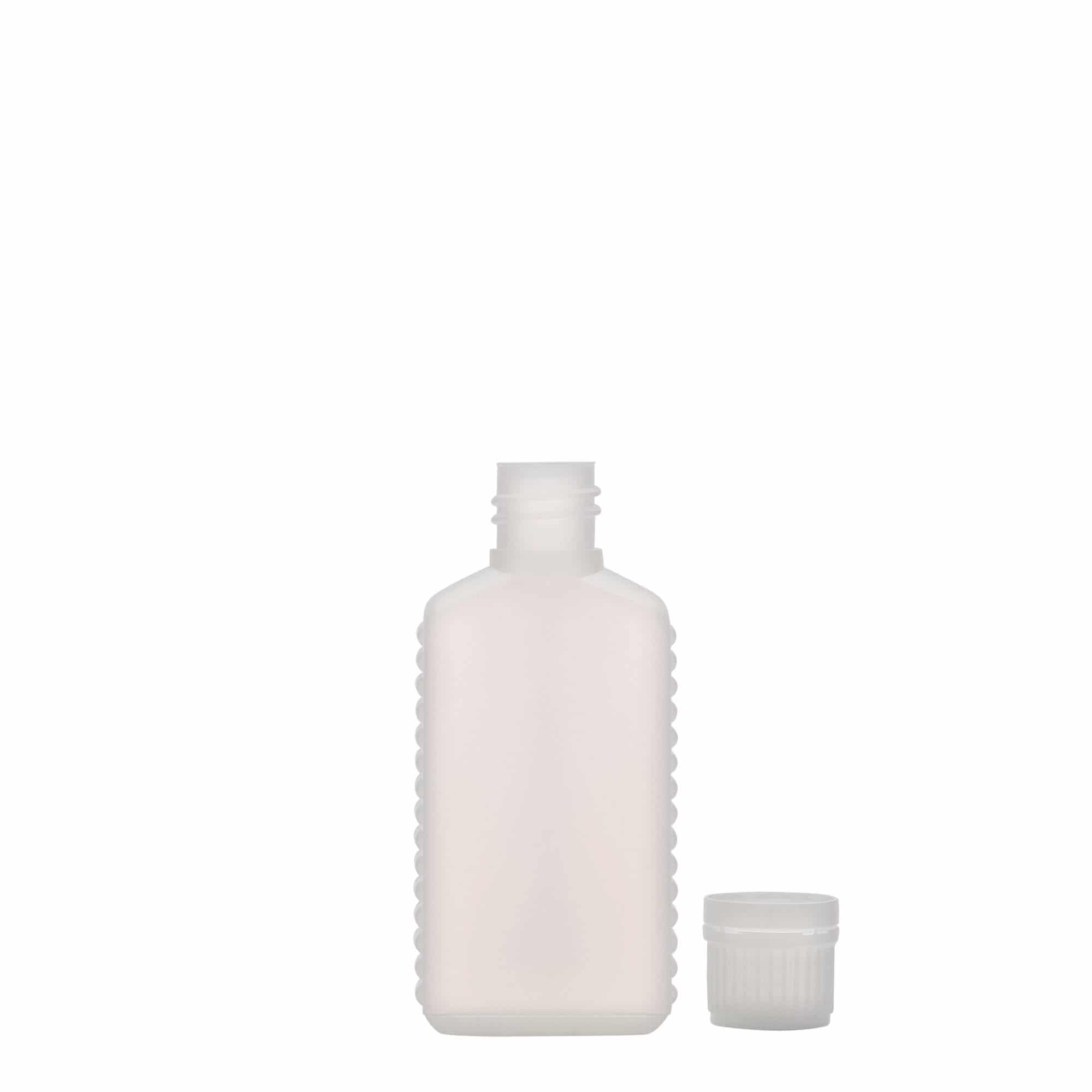 Kanystr 50 ml, úzké hrdlo, hranatý, plast HDPE, přírodní, uzávěr: DIN 18