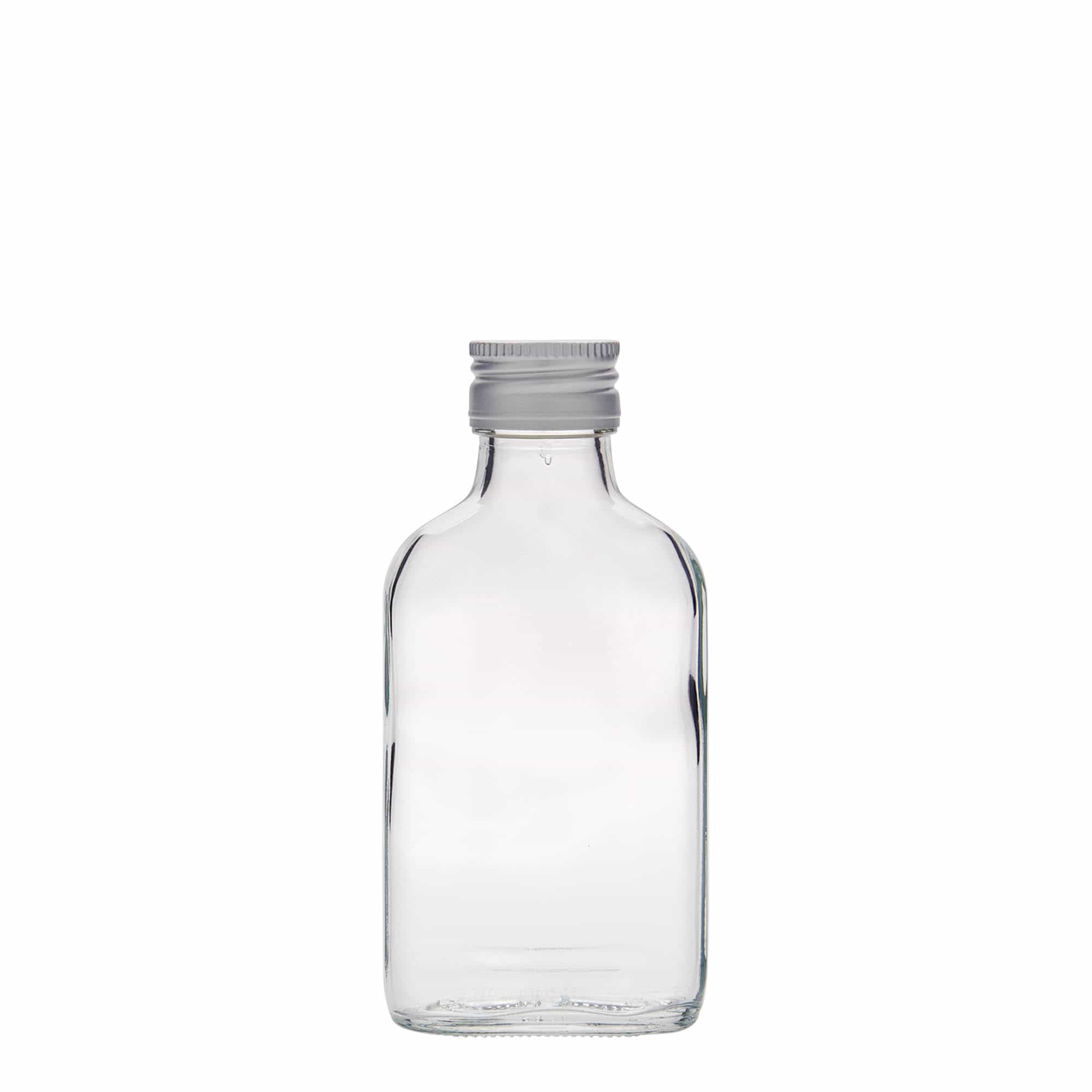 Kapesní lahev 100 ml, hranatá, sklo, ústí: PP 28